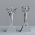 Golden Trophy Medals with Wings Laurel Leaves and Stars on Black Base