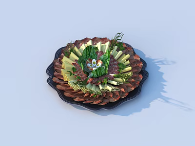 Delicious Assorted Food Platter with Sliced Meat Fresh Vegetables and Garnish on Circular Black Plate 3d model