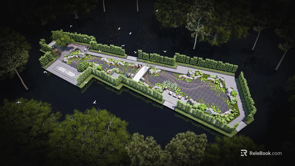 Garden Landscape Design With Winding Paths Lush Green Plants And Water Surroundings 3d model 