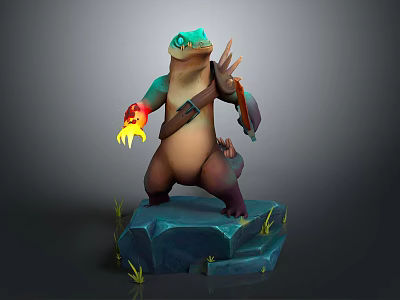 Green Head Otter Game Character With Brown Body Flaming Claw Holding Dagger On Blue Rock 3d model