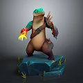 Green Head Otter Game Character With Brown Body Flaming Claw Holding Dagger On Blue Rock
