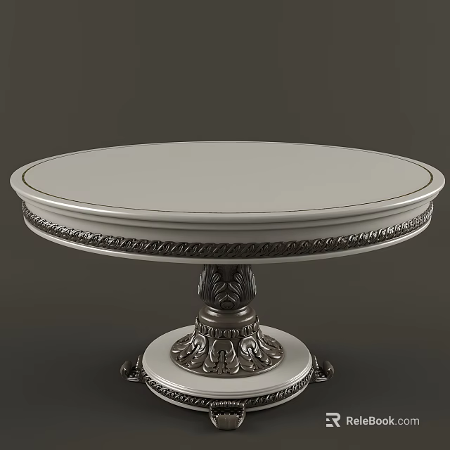 Elegant Round Dining Table with White Top and Ornate Carved Decorative Base 3d model