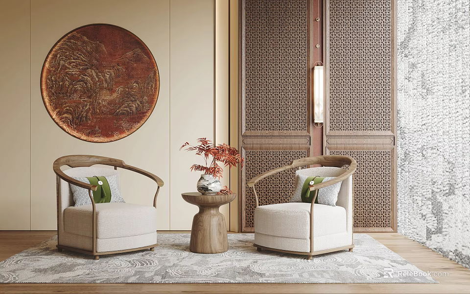 Chinese Style Accent Chairs Upholstered with Wooden Armrests Green Cushions Round Table and Red Flowers 3d model 