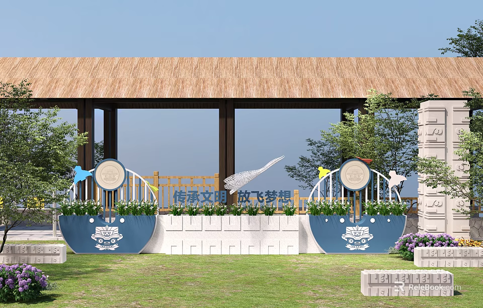 Charming Garden Ornament with Blue Flower Pots Crane Sculpture White Railings and Thatched Pavilion 3d model 