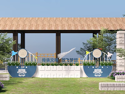 Charming Garden Ornament with Blue Flower Pots Crane Sculpture White Railings and Thatched Pavilion 3d model