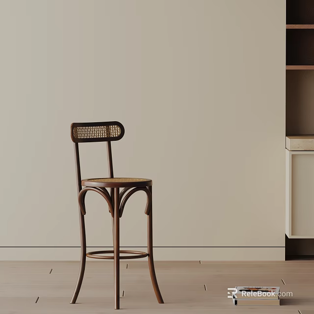 Wooden Bar Stool With Rattan Backrest In Modern Minimalist Interior Design 3d model 
