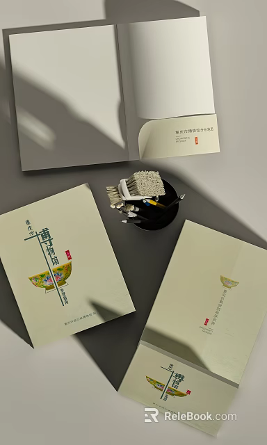Chinese Culture Books Magazines With Traditional Cover Design And Ink Writing Tools 3d model 