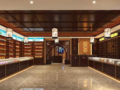 Traditional Chinese Medicine Store Interior With Wooden Shelves And Hanging Lanterns 3d model
