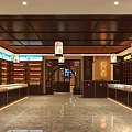 Traditional Chinese Medicine Store Interior With Wooden Shelves And Hanging Lanterns