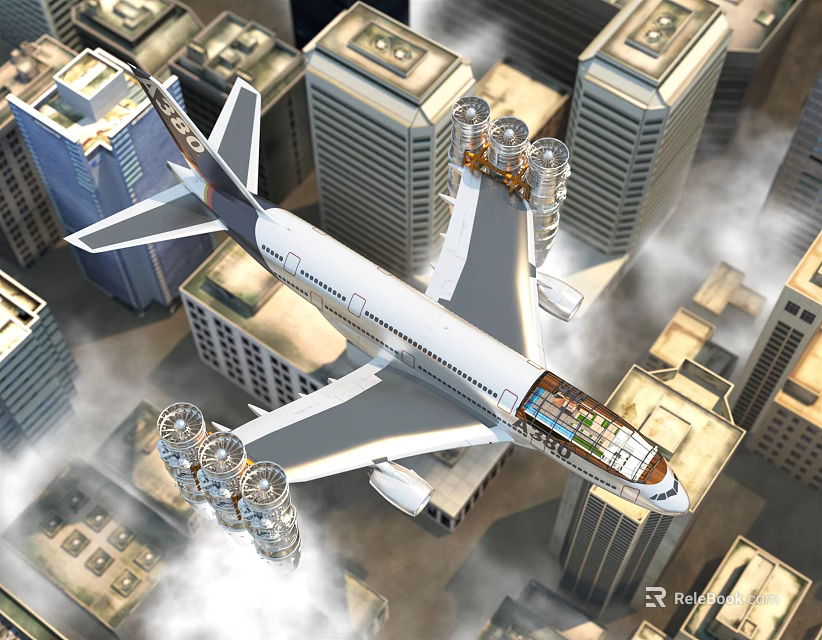 Airliner Flying High Above Modern City Skyscrapers With Clouds And Blue Sky 3d model 
