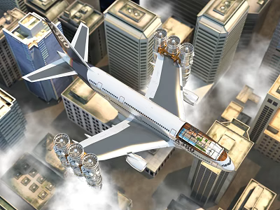 Airliner Flying High Above Modern City Skyscrapers With Clouds And Blue Sky 3d model