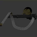 Brown Metallic Machine Gun With Coiled Ammunition Belt And Tactical Design