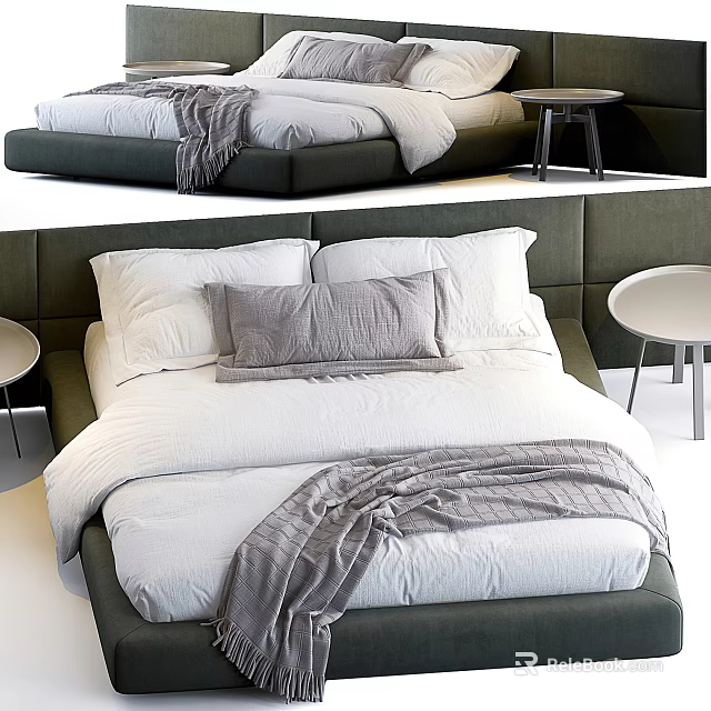 Modern Double Bed With Green Headboard White Sheets Gray Blanket And Side Table 3d model