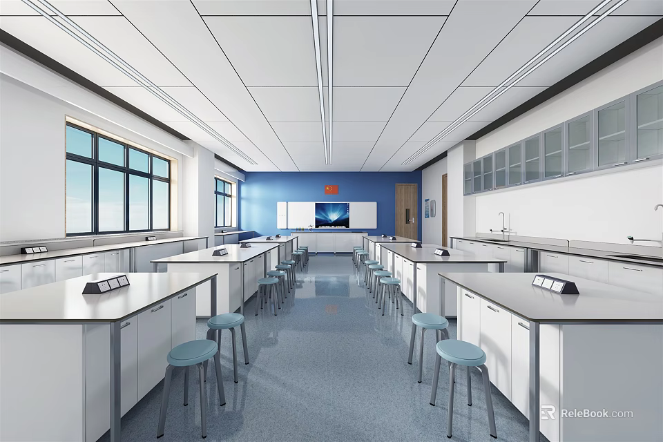 Modern Laboratory Interior With Lab Tables Blue Stools Whiteboard And Wall Cabinets 3d model 