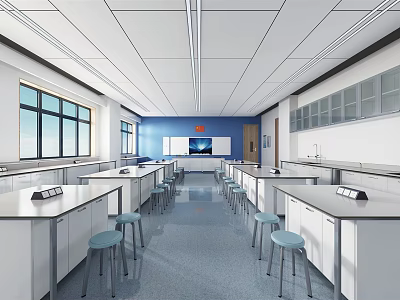 Modern Laboratory Interior With Lab Tables Blue Stools Whiteboard And Wall Cabinets 3d model