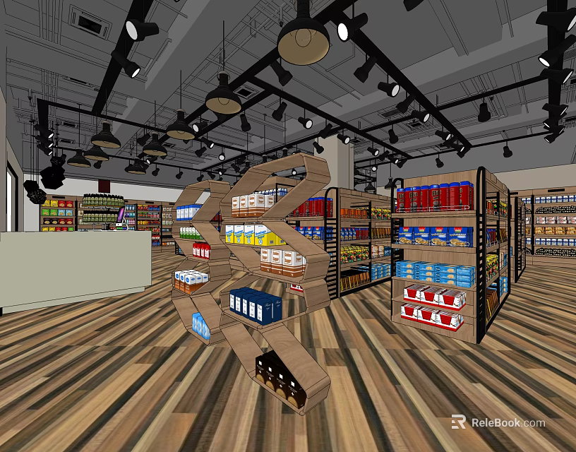 Modern Supermarket Interior With Shelves Full Of Grocery Products And Wooden Floor 3d model 