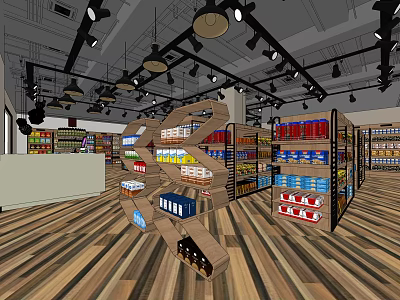 Modern Supermarket Interior With Shelves Full Of Grocery Products And Wooden Floor 3d model