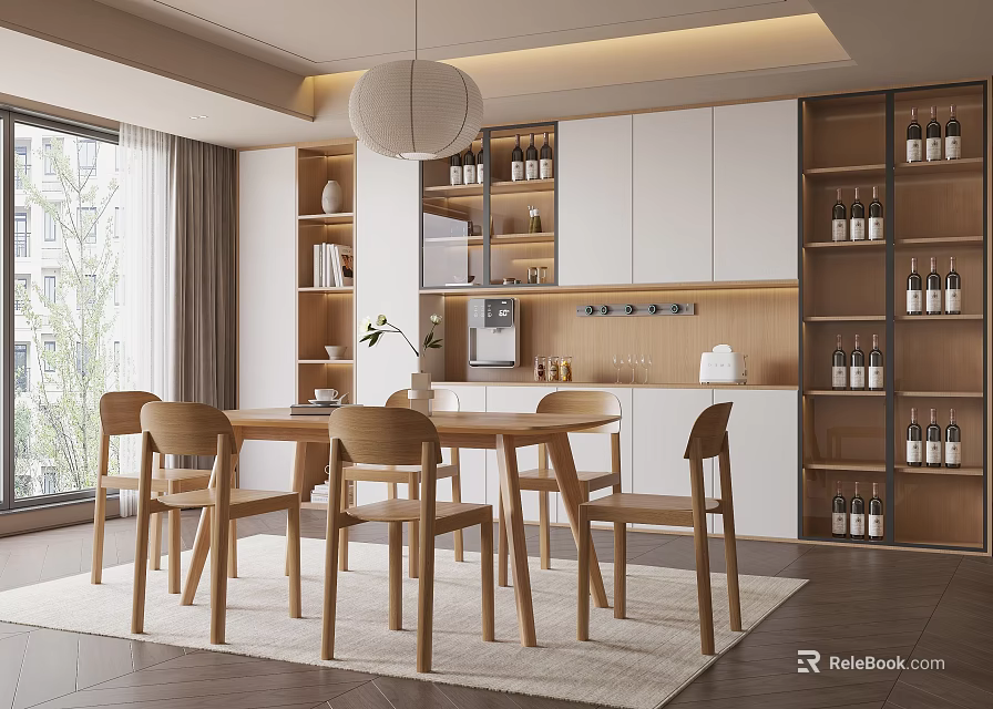 Modern Restaurant Interior With Wooden Dining Table Chairs White Cabinets Wine Racks And Pendant Light 3d model 