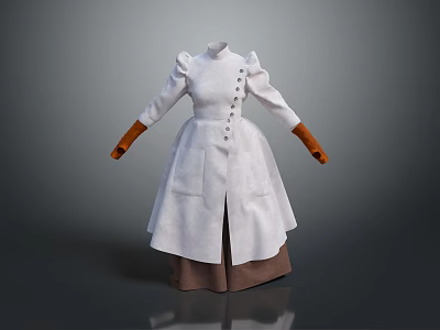 A Woman In Vintage Style White Long Coat With Brown Gloves And Puffed Sleeves 3d model