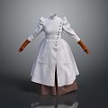 A Woman In Vintage Style White Long Coat With Brown Gloves And Puffed Sleeves