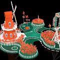 Window Display Decoration Featuring Red and White Windmill Green Ground and Orange Plants