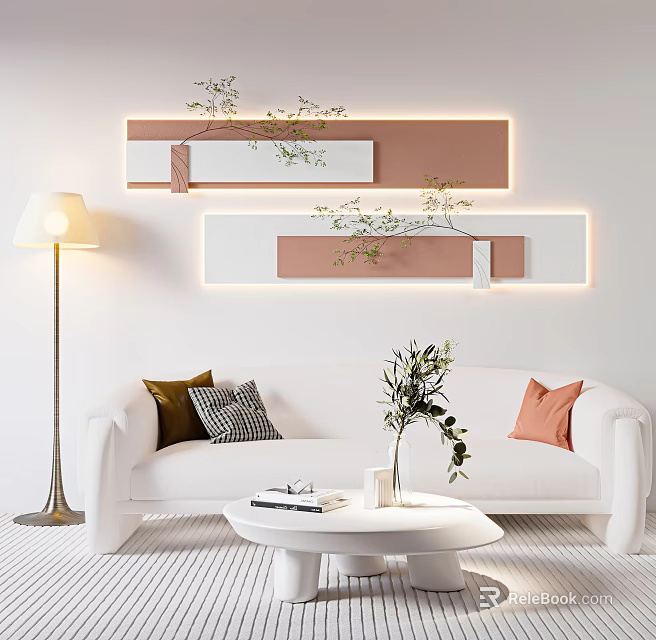 White Sectional Sofa With Throw Pillows Green Plants And Floor Lamp In Modern Living Room 3d model 