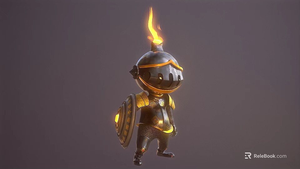 Game and Movie Character Little Knight With Flame Helmet Black Gold Armor Holding Shield And Cute Design 3d model 