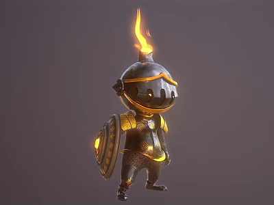Game and Movie Character Little Knight With Flame Helmet Black Gold Armor Holding Shield And Cute Design 3d model