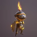 Game and Movie Character Little Knight With Flame Helmet Black Gold Armor Holding Shield And Cute Design
