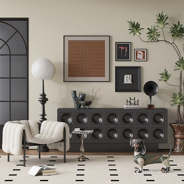 Black Sideboard With Circular Patterns Decorative Items Wall Art And Potted Plant 3d model