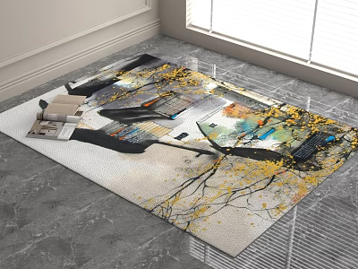 Square Area Rug Abstract Art Design With Vibrant Yellow Black Blue Patterns Modern Home Decor 3d model