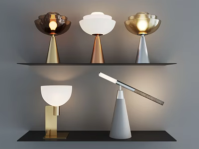 Modern Table Lamps With Gold Silver White Bases And Sleek Designs On Shelf 3d model