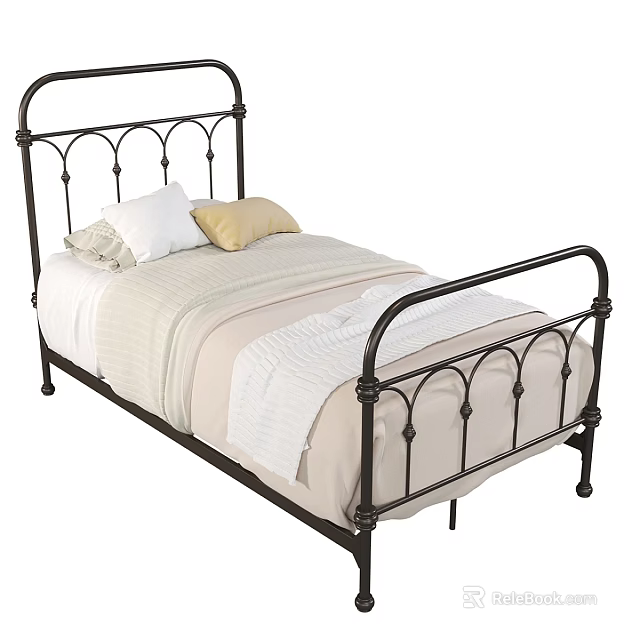Single Bed with Black Iron Frame White Yellow Pillows Striped Sheets and Light Blanket 3d model 