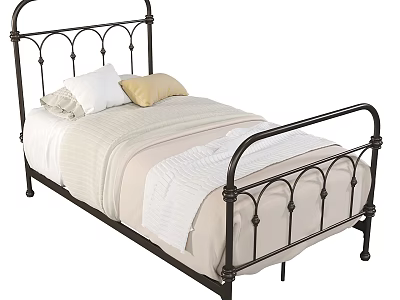 Single Bed with Black Iron Frame White Yellow Pillows Striped Sheets and Light Blanket 3d model