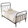 Single Bed with Black Iron Frame White Yellow Pillows Striped Sheets and Light Blanket