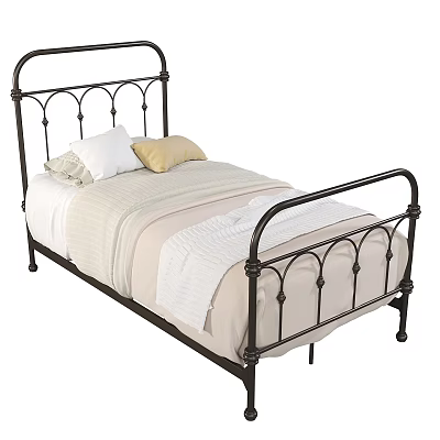 Single Bed with Black Iron Frame White Yellow Pillows Striped Sheets and Light Blanket 3d model