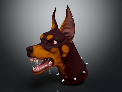 Fierce 3D Doberman Head Model Featuring Brown Black Fur Sharp Teeth Spiked Collar 3d model