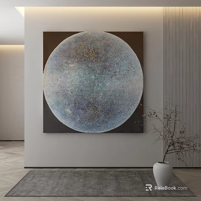 Circular Abstract Painting With Blue Gray Tones Golden Texture In Modern Interior 3d model 