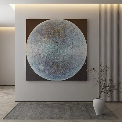 Circular Abstract Painting With Blue Gray Tones Golden Texture In Modern Interior 3d model