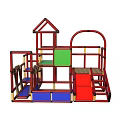Kids Play Area With Castle Style Roof Red Frame Climbing Slide And Colorful Platforms