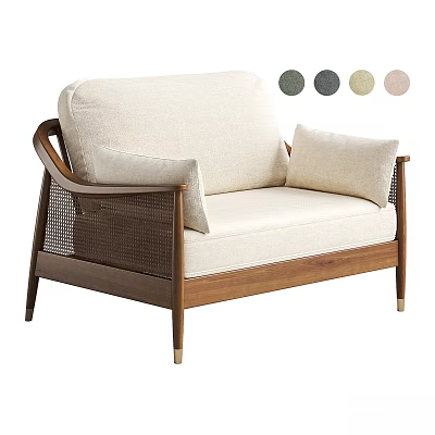 Beige Fabric Leisure Chair With Wooden Frame Rattan Armrests And Color Options 3d model