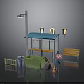 Urban Street Scene Components With Bus Stop Shelter Benches Trash Bins And Traffic Signs