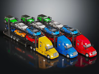 Multi Colored Car Carrier Trucks Transporting Various Colored Cars On Trailer 3d model