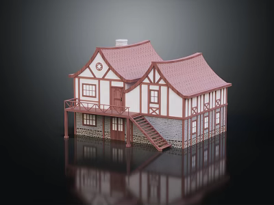 Charming Wooden House Exterior With Timber Framing Gabled Roof Balcony Staircase And Windows 3d model
