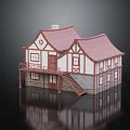 Charming Wooden House Exterior With Timber Framing Gabled Roof Balcony Staircase And Windows