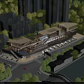 Modern Commercial Complex Architecture With Riverfront Greenery And Traditional Style Buildings