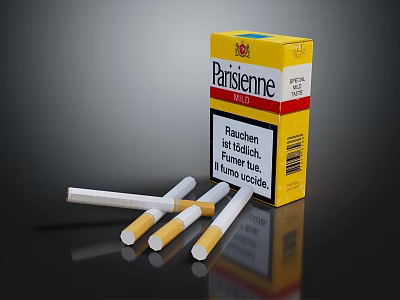 Parisienne Brand Cigarettes With Yellow Box And Filter Tips On Black Surface 3d model