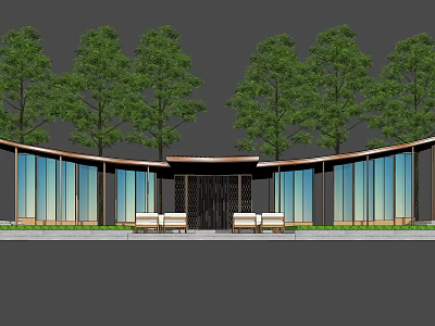 Curved Pergola Design With Glass Walls Wooden Structure And Outdoor Seating Surrounded by Trees 3d model