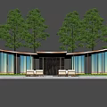 Curved Pergola Design With Glass Walls Wooden Structure And Outdoor Seating Surrounded by Trees
