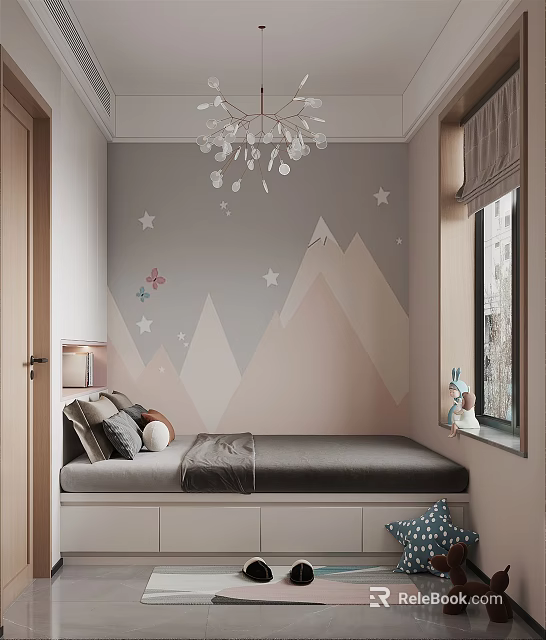 Tatami Bedroom Interior Featuring Mountain Shaped Wall Art Star Butterfly Decorations Chandelier and Window 3d model 